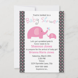 Invitation Baby Shower 2 éléphants roses à pois