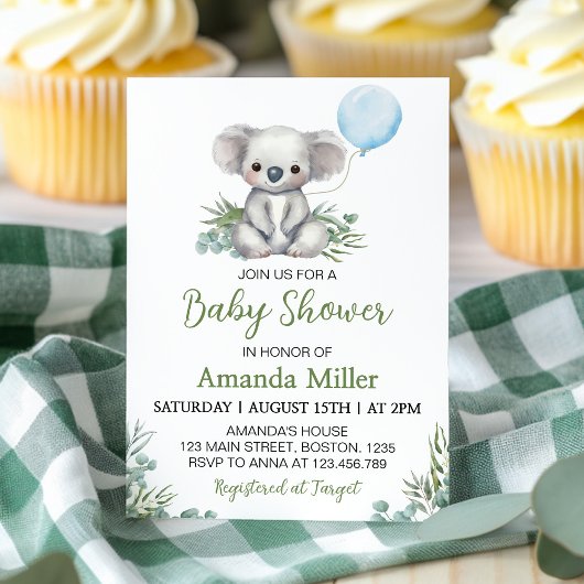 Invitation Baby shower à ballets bleu Koala vert