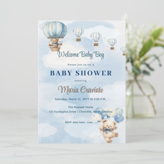 Invitation Baby shower à ballon à air chaud de l'o (Debout devant)