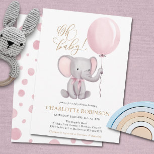 Invitation Baby shower à ballons pour fille Eléphante mignonn