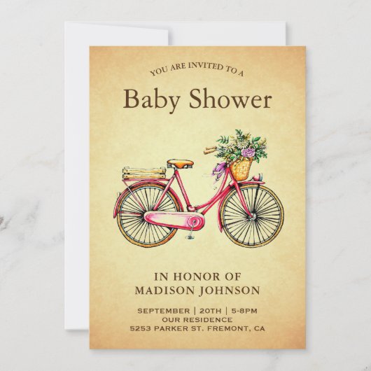 Invitation Baby shower à bicyclette rose Vintage (Devant)