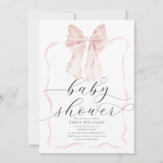 Invitation Baby shower à boue rose - Ruban d'aquarelle minima (Devant)