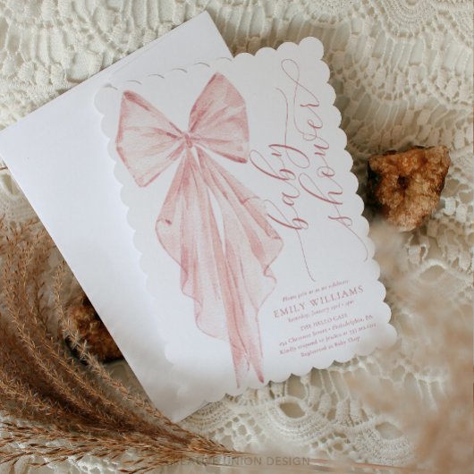 Invitation Baby shower à boue rose - Ruban d'aquarelle minima