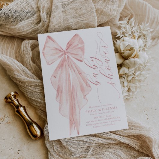 Invitation Baby shower à boue rose - Ruban d'aquarelle minima