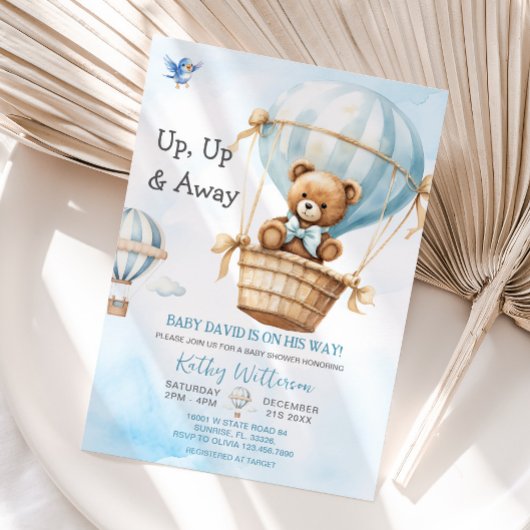 Invitation Baby shower à bulle à air chaud Blue Bear