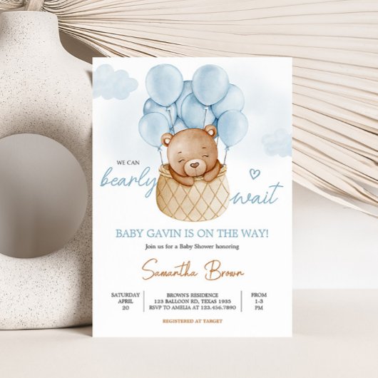 Invitation Baby shower à bulle à air chaud Teddy Bear Blue