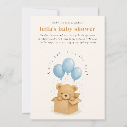 Invitation Baby shower à bulle d'ours bleu doux (Devant)