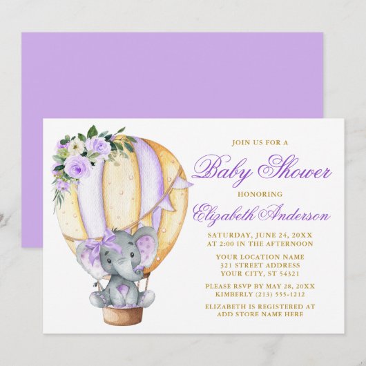 Invitation Baby shower à bulle floral violet Eléphant Bow (Devant / Derrière)