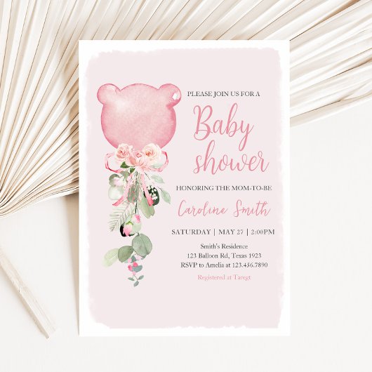 Invitation Baby shower à bulle rose à l'Eucalyptus