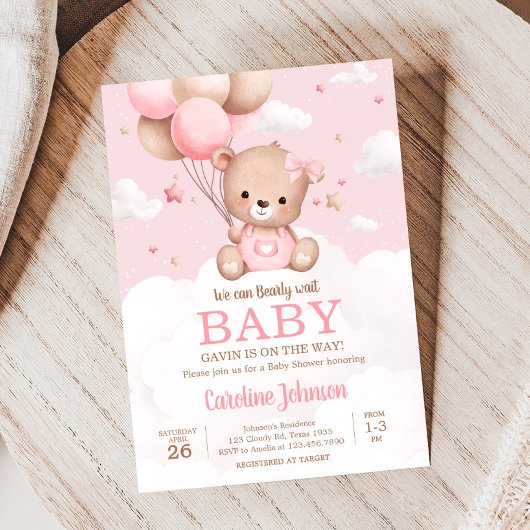 Invitation Baby shower à bulle rose Teddy Bear Nuages