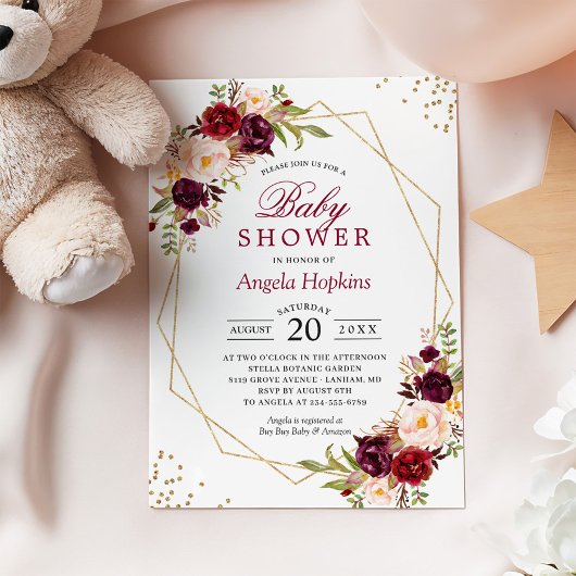 Invitation Baby shower à cadre d'or flou Bourgogne