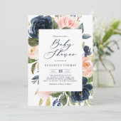 Invitation Baby shower à cadre floral couleur bleu marine (Debout devant)