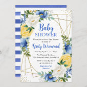 Invitation Baby shower à cadre or bleu et jaune (Devant / Derrière)