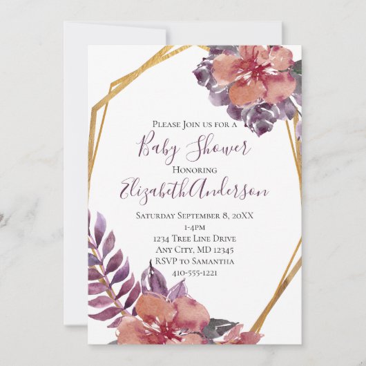 Invitation Baby shower à cadre rouge rose violet Floral or (Devant)