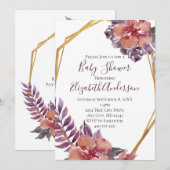 Invitation Baby shower à cadre rouge rose violet Floral or (Devant / Derrière)