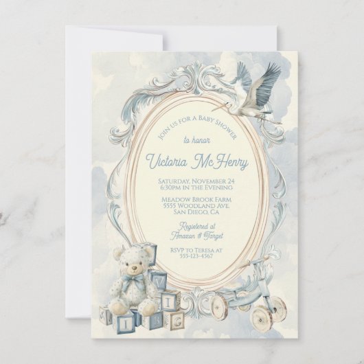 Invitation Baby shower à cadre Toile de Jouy (Devant)