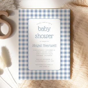 Invitation Baby Shower à carreaux Gingham Bleu Poussiéreux