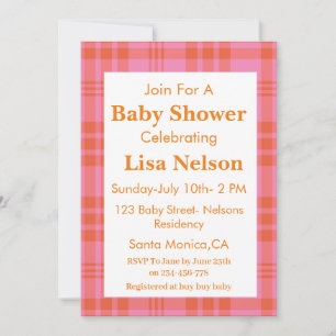 Invitation Baby Shower à carreaux gingham orange rose