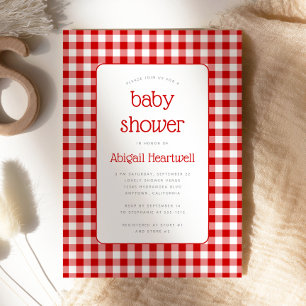 Invitation Baby-Shower à carreaux Gingham Rouge Blanc