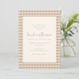 Invitation Baby Shower à carreaux Gingham Taupe Beige Neutre