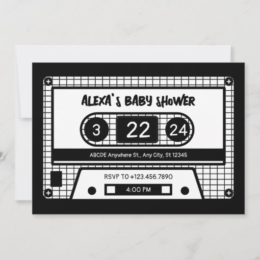 Invitation Baby shower à cassette noir et blanc (Devant)