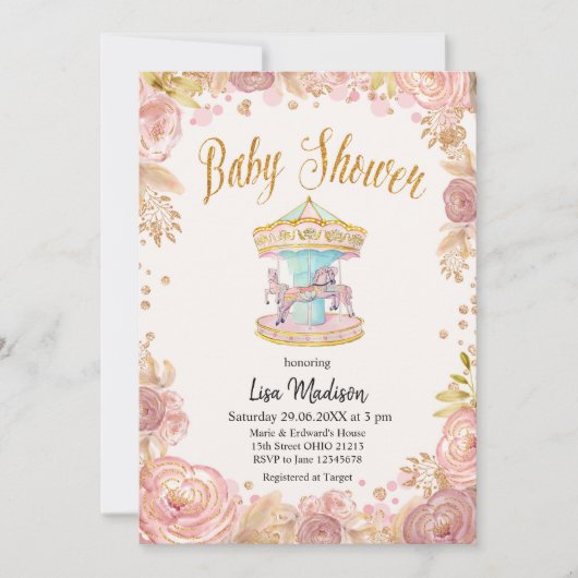 Invitation Baby shower à cheval Carousel Parties scintillant  (Devant)
