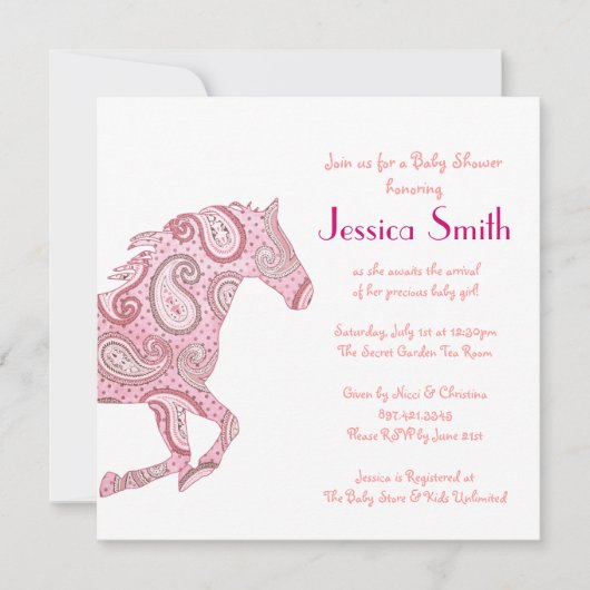 Invitation Baby shower à cheval rose Paisley (Devant)