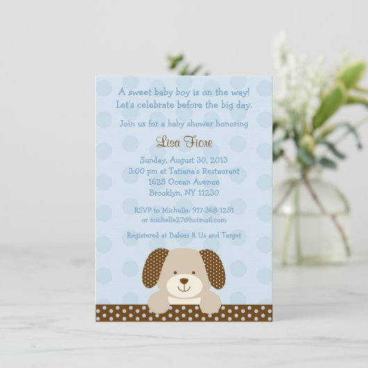 Invitation Baby shower à chiot bleu (Debout devant)