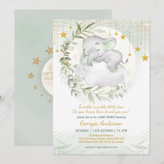 Invitation Baby shower à deux étoiles pour éléphant de verdur (Devant / Derrière)