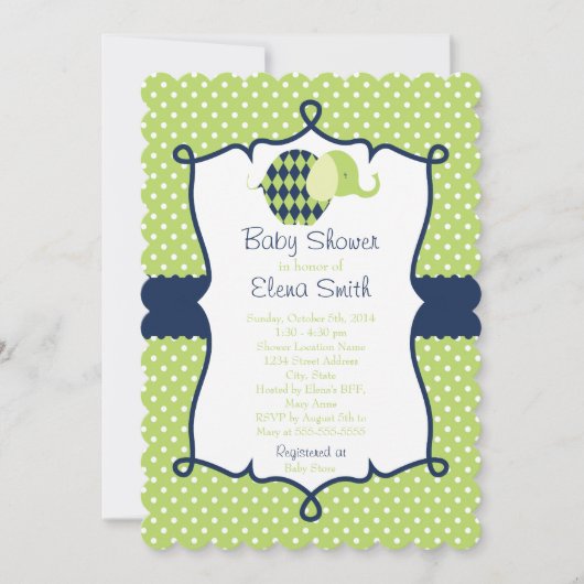 Invitation Baby shower à éléphant Blue & Lime Polka Dot (Devant)