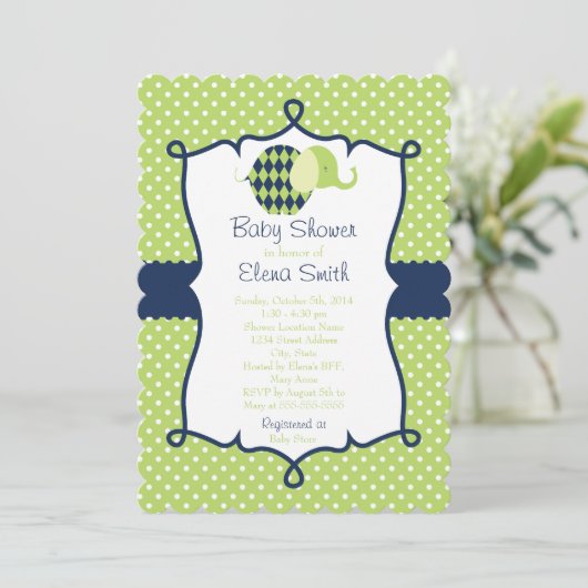 Invitation Baby shower à éléphant Blue & Lime Polka Dot (Debout devant)