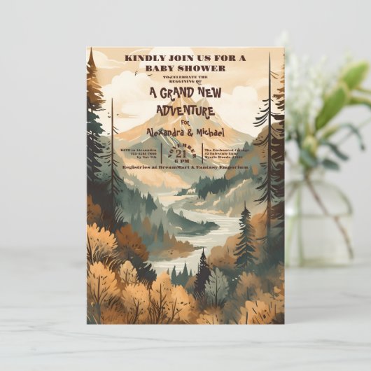 Invitation Baby shower À feuillage persistant Rustic Mountain (Debout devant)