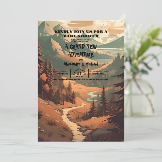 Invitation Baby shower À feuillage persistant Rustic Mountain (Debout devant)
