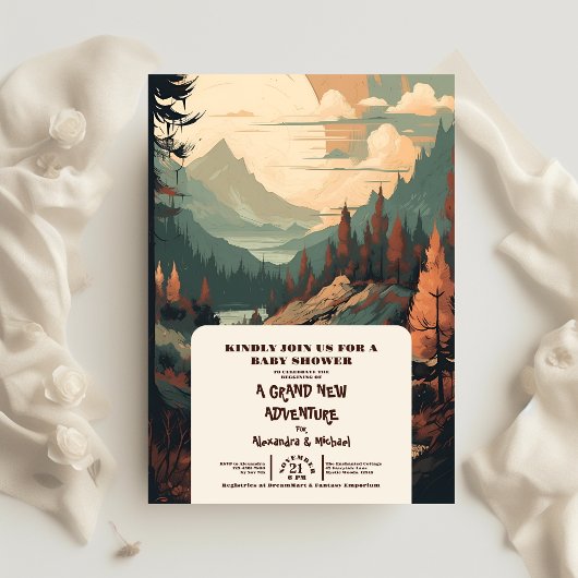 Invitation Baby shower À feuillage persistant Rustic Mountain
