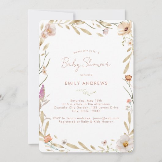 Invitation Baby shower à fleurs Boho (Devant)