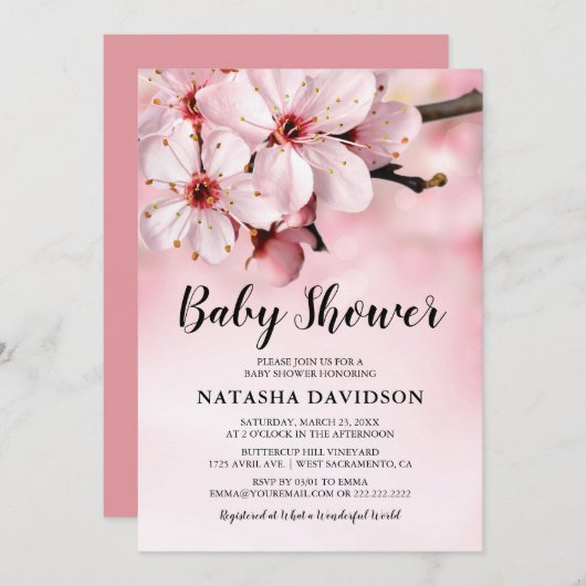 Invitation Baby shower à fleurs rose (Devant / Derrière)