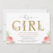 Invitation Baby shower à fleurs rose et or, C'est une fille (Devant)