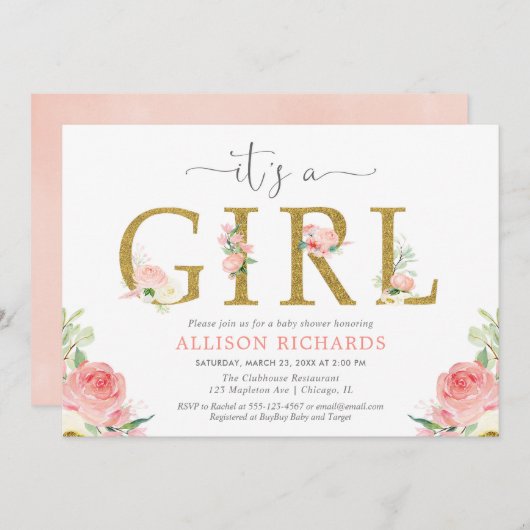 Invitation Baby shower à fleurs rose et or, C'est une fille (Devant / Derrière)