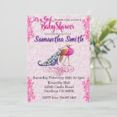 Invitation Baby shower à fleurs rose paon (Debout devant)