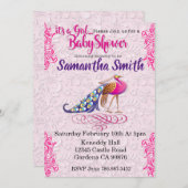 Invitation Baby shower à fleurs rose paon (Devant / Derrière)