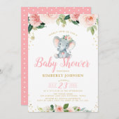 Invitation baby shower à fleurs roses pour bébé éléphant (Devant / Derrière)