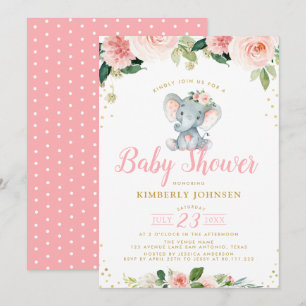 Invitation baby shower à fleurs roses pour bébé éléphant