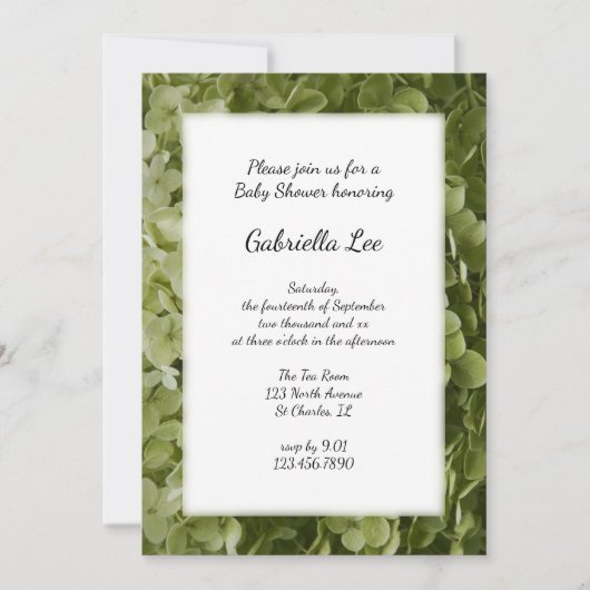 Invitation Baby shower à fleurs vert Annabelle Hydrangea (Devant)
