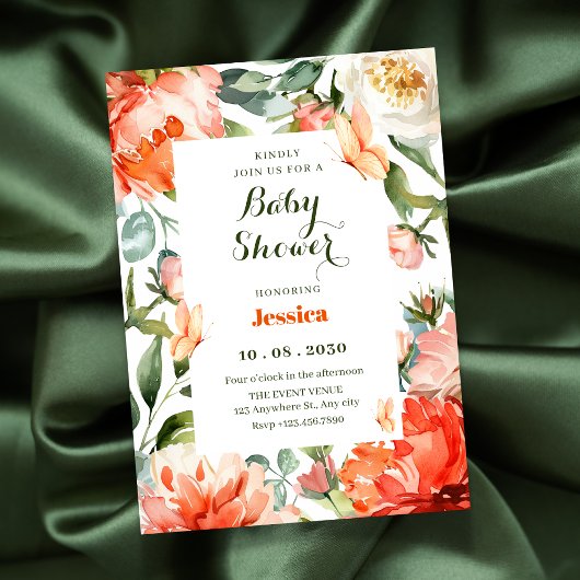 Invitation Baby shower à fleurs vert orange