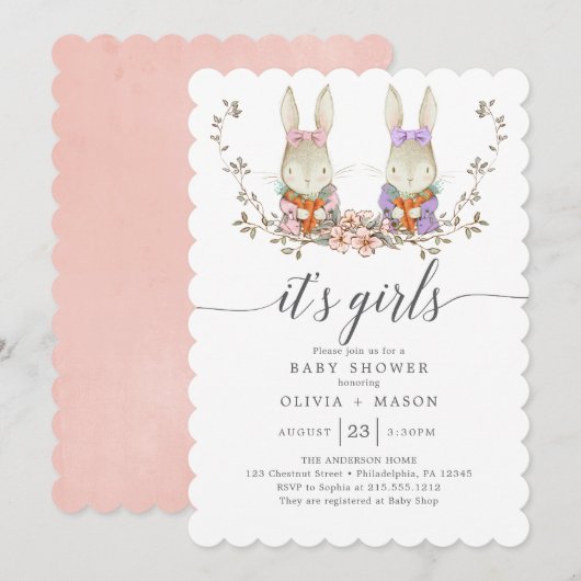 Invitation Baby shower à jumeaux vintage Rabbit Botanique (Devant / Derrière)
