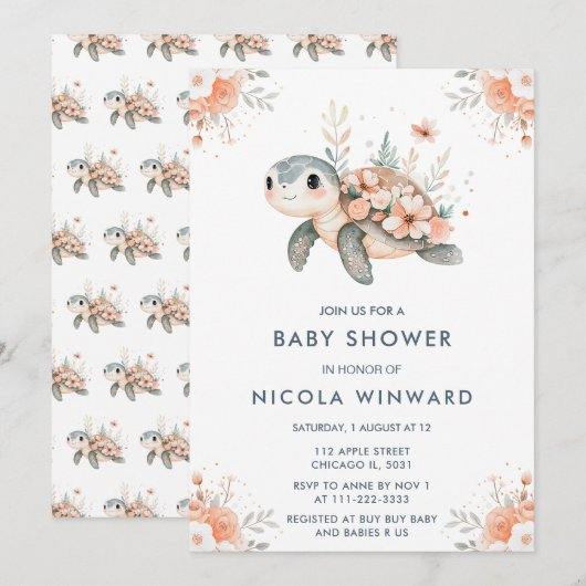 Invitation Baby shower à la tortue florale (Devant / Derrière)
