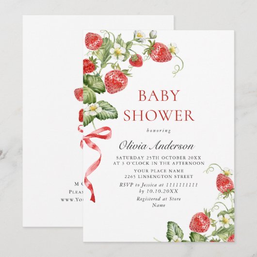 Invitation Baby shower à l'aquarelle tendance Meadow Strawber (Devant / Derrière)