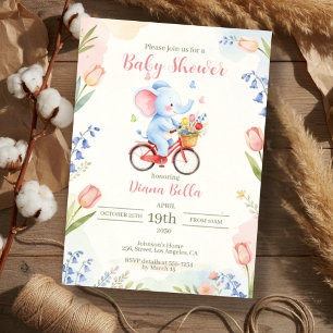 Invitation Baby Shower à l'Éléphant à Vélo Floral