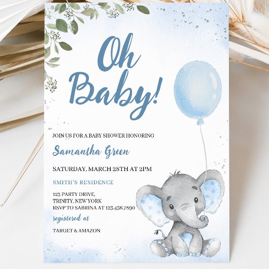 Invitation Baby Shower à l'Éléphant Bleu