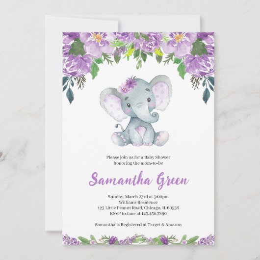 Invitation Baby Shower à l'Éléphant Violet (Devant)